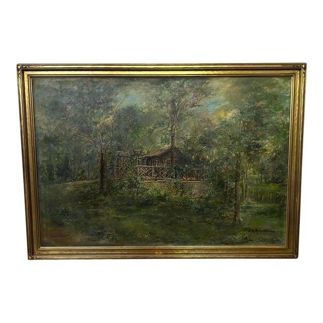 1920s Vintage Oil Painting of an Adirondack Cabin, Framed For Sale