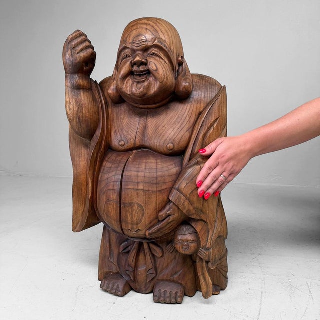 Contemporary Japanese Wooden Temple Statue of Hotei with Child, 1920s For Sale - Image 3 of 14