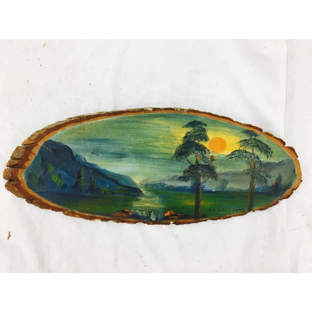 Stunning Vintage Hand Painted Landscape on Oval Shaped Wooden Tree Slab. Signed at bottom right. Beautiful composition and...