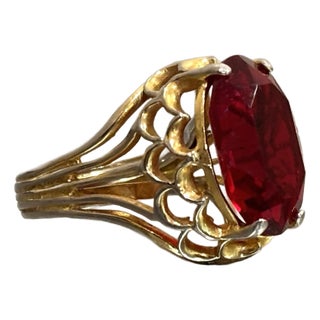 Oversized Gold Tone Red Stone Cocktail Ring For Sale