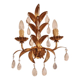 Vintage Two-Light Wall Lamp with Gold Leaf and Crystals, 1960s For Sale