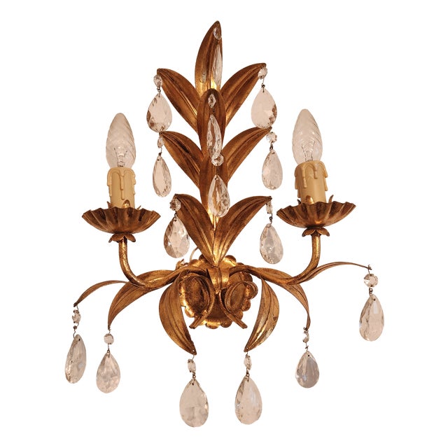 Vintage Two-Light Wall Lamp with Gold Leaf and Crystals, 1960s For Sale