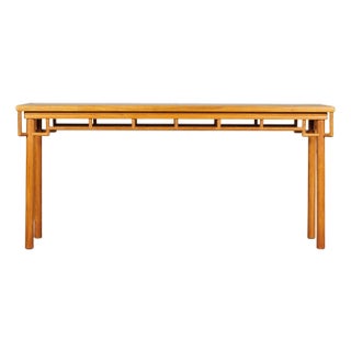 Vintage Elm Wood Console Table with Humpback-Form Stretcher and Openwork Details For Sale
