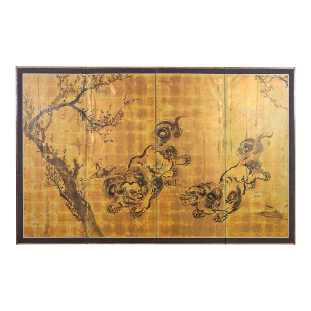 Mid 20th Century Japanese Showa Four Panel Screen Pair of Karashishi Foo Dogs For Sale