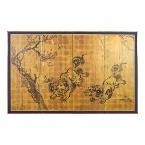 Mid 20th Century Japanese Showa Four Panel Screen Pair of Karashishi Foo Dogs