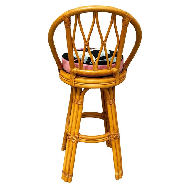 1950s 1950s Restored 3-Strand Arch Base Rattan Bar Stools W/ Woven Backrest, Pair For Sale - Image 5 of 9