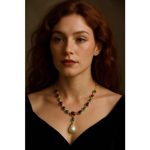 Baroque Bochic “Capri” Vintage Ruby, Emerald & Sapphire Necklace Set in 18K & Silver For Sale - Image 3 of 8