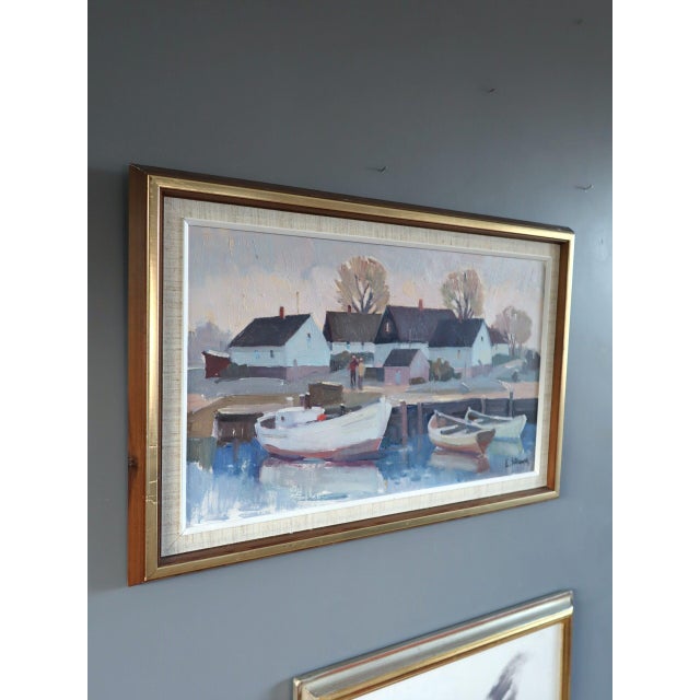 Mid-Century Modern 'Cottages by Quiet Water' Swedish Original Landscape Oil Painting, Framed For Sale - Image 4 of 11