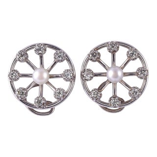 1950s Pearl & Diamond Spoke Design Platinum Earrings - 2 Pieces For Sale