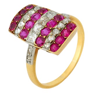 1910s Edwardian Ruby Diamond 18k Yellow Gold Cocktail Ring, Size 7.5 For Sale