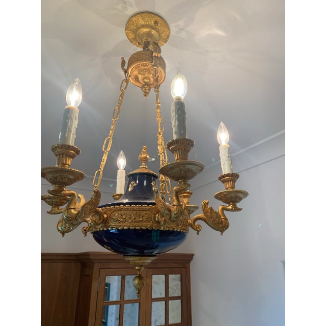 Art Deco 1930 Gilt Bronze and Porcelain Candelier For Sale - Image 3 of 5