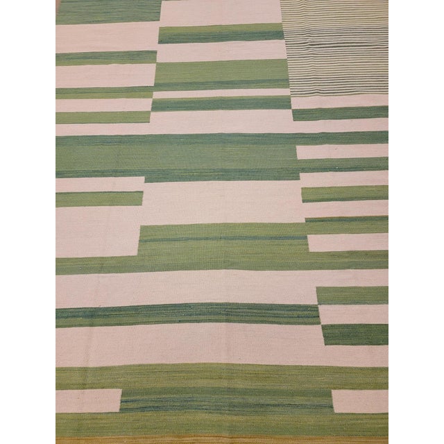 Modern Modern Kilim Flaweave Wool Rug With Geometric Design in Green For Sale - Image 3 of 5