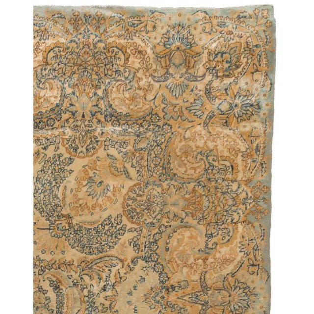 Persian 1930s Persian Ivory Gold Blue Floral Kirman Rug For Sale - Image 3 of 5