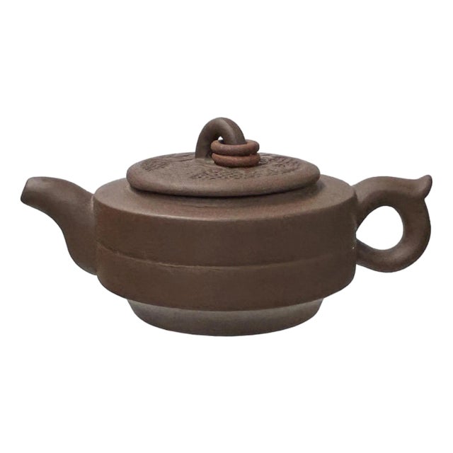 Vintage Brown Round Shape Coin Pattern Zisha Clay Teapot Art Display For Sale