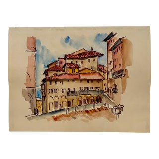 Henry Emil Salloch Original Watercolor on Paper Tuscan Hill Town Piazza. For Sale