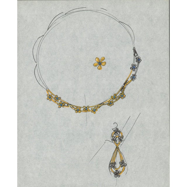 Original jewelry design sheet depicting a delicate floral necklace together with a coordinating pendant or earring study....
