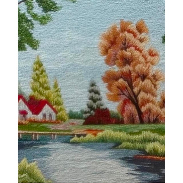 Cabin 1970s Landscape Needlepoint Textile Art Signed K/N For Sale - Image 3 of 5