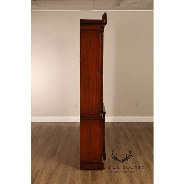 Karges English Style Mahogany Breakfront China Cabinet Display Bookcase with Carved Pediment and Silk Backing For Sale - Image 18 of 18