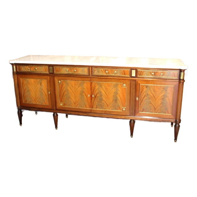 Mid 20th Century French Louis XVI Flamed Mahogany Marble Sideboard | Maison Jansen Style Buffet For Sale