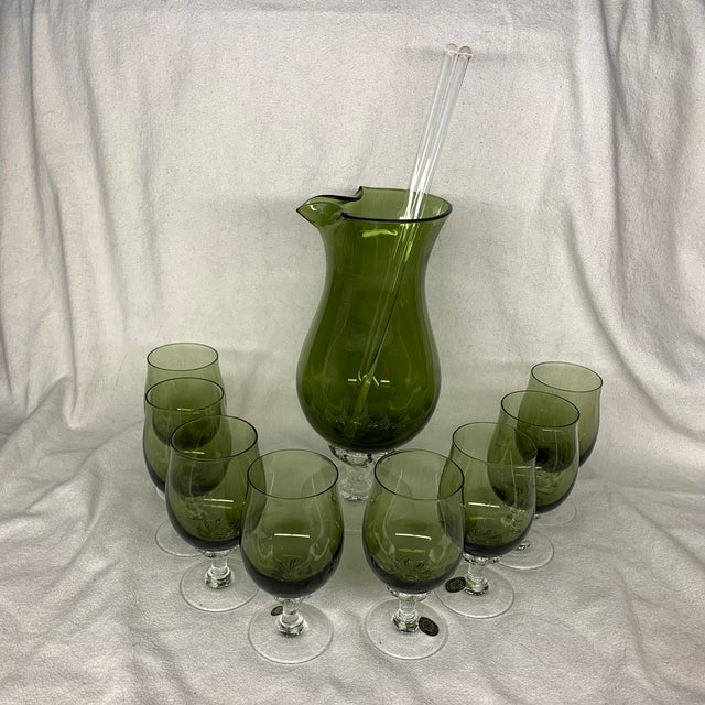 These are vintage Sasaki Coronation Line Dark Green Juice/Cocktail Glasses featuring a distinct deep avocado green bowl...