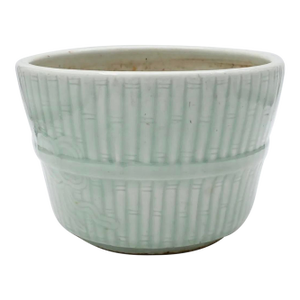 Antique 19th Century Chinese Celadon Porcelain Monochrome Glaze Cachepot or Jardiniere With Relief Molded Bamboo Design