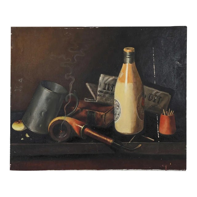 "Pipe, Stein, Bottle, and Matches" Still Life Painting For Sale