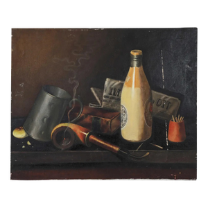 "Pipe, Stein, Bottle, and Matches" Still Life Painting
