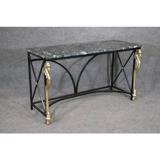 French Maison Charles Style Brass Horse and Steel Verdi Marble Console Table circa 1970 For Sale - Image 3 of 13