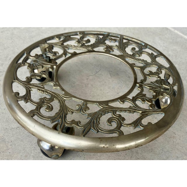 Circa 1970 Cast Brass Leaf & Vine “Filigree” Design Rolling Plant Caddy For Sale - Image 9 of 16