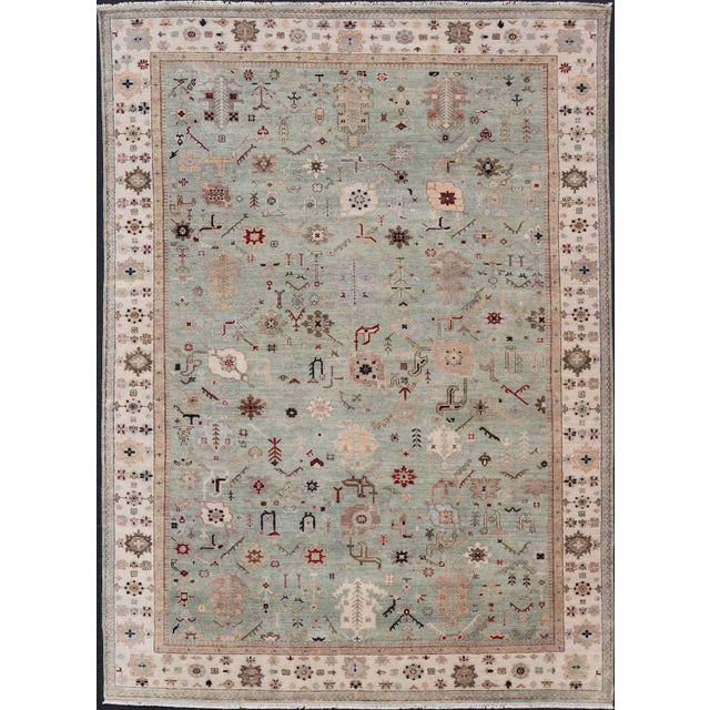 Hand-Knotted Wool Oushak Rug in Turquoise Green and Multi Colors 10' X 13'6 For Sale - Image 12 of 12