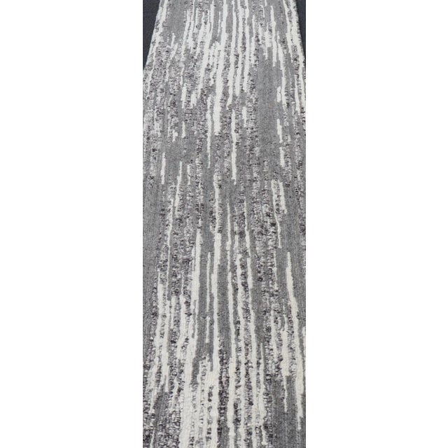 Measures: 2'2 x 14'1 Modern Runner with Vertical Linear Design in Charcoal Grey and Ivory 2'2 x 14'1. Keivan Woven Arts /...