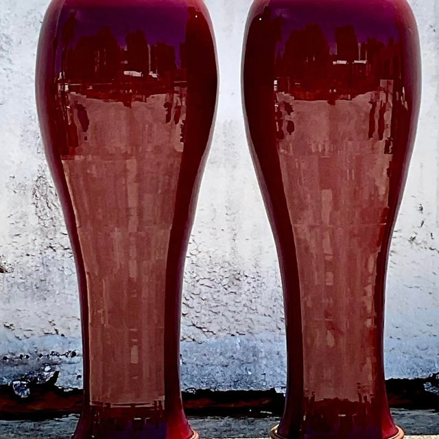 Maroon Vintage Boho Monumental “Sang De Bouf” Glazed Ceramic Vases - a Pair For Sale - Image 8 of 13
