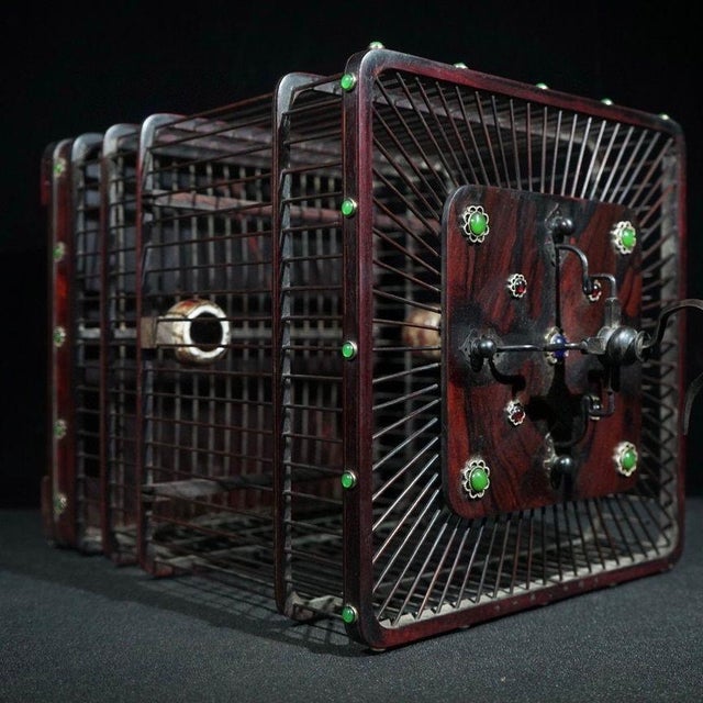 1970s Rosewood Birdcage With Gemstone Inlay and Ceramic Feeders For Sale - Image 5 of 9