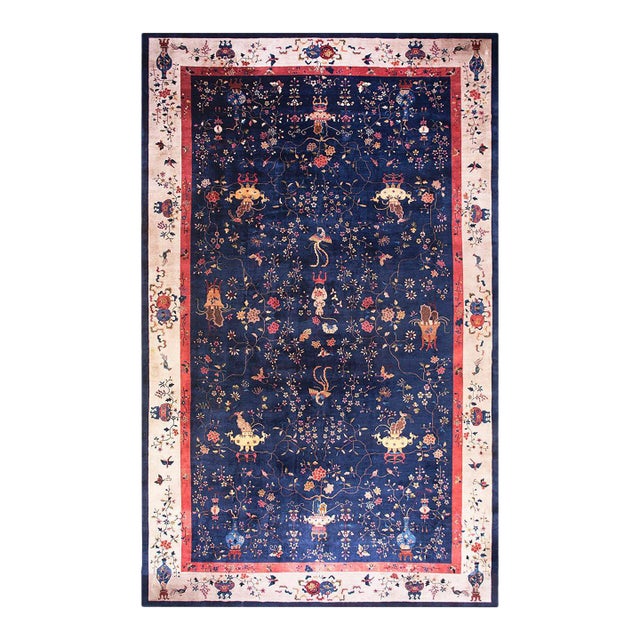 1920s Blue Floral Modern Antique Chinese Art Deco Rug 14' X 23' Handknotted Wool Carpet For Sale