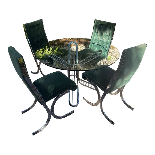 Vintage 1970s Glass & Chrome Dining Set With Hunter Green Cantilever Chairs For Sale