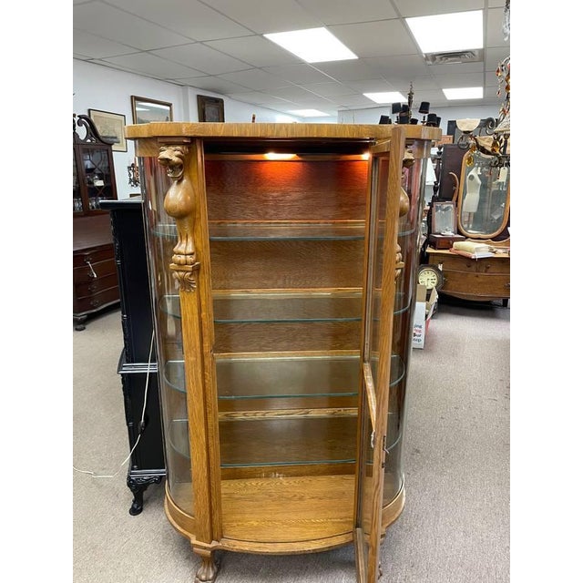 Wood Antique Tiger Oak, Lighted Curio Cabinet, Four Glass Shelves, Hand Carved, Glass Door For Sale - Image 7 of 13