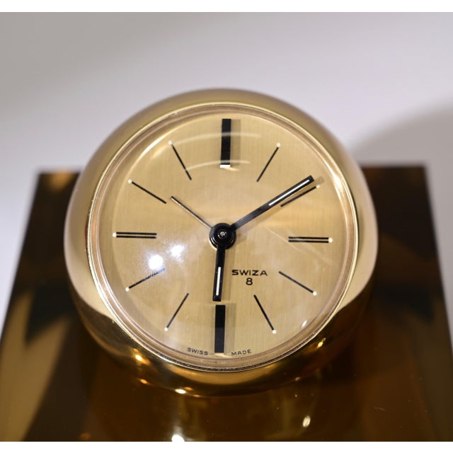 8 Day Gilt Sphere Clock with Smoked Acrylic Glass Base in Box from Swiza, 1970s For Sale - Image 9 of 18