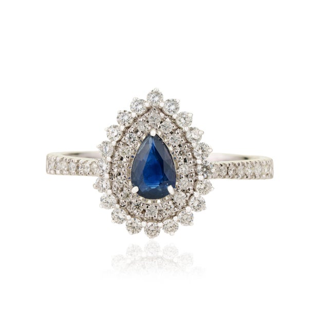 Blue Sapphire & Diamond Halo Vintage Engagement Ring in 18k White Gold Size 6 For Sale - Image 4 of 16