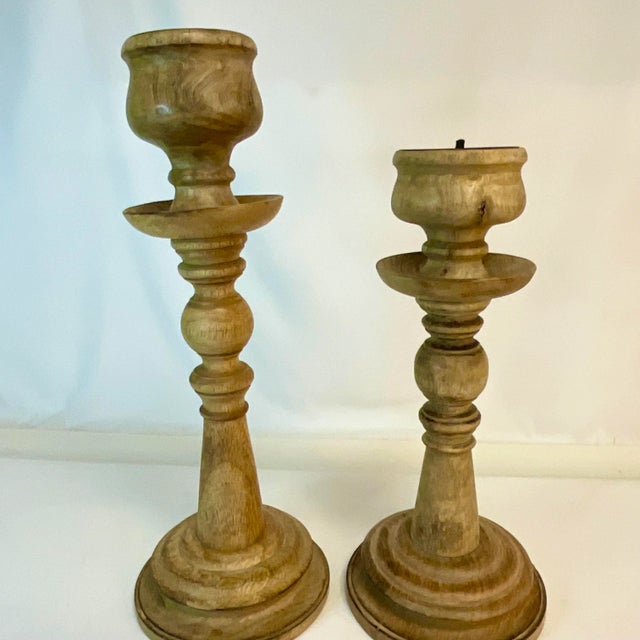 1970s Vintage Italian Rustic European Ceruse Wood Pillar Candle Holders - Set of 2. For Sale - Image 5 of 12