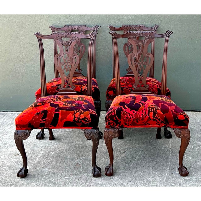 Vintage Hand Carved Chippendale Dining Chairs in 80s Yves St Laurent Printed Velvet - Set of 4 For Sale - Image 11 of 12