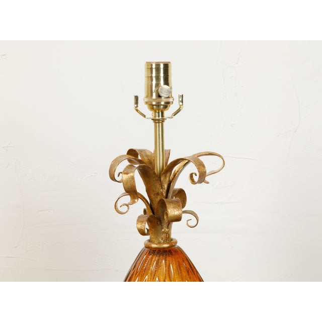 Pair of Venetian Murano Glass Pineapple Style Table Lamps with Gilt Scrolls For Sale In Atlanta - Image 6 of 8