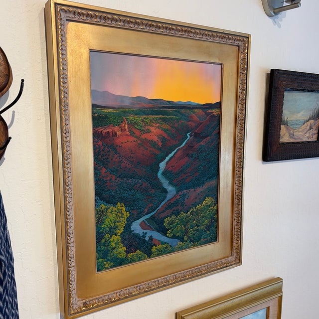 Original gouache painting on panel by Joanna Overkamp, titled “Beneath the Setting Sun.” (20th Century) The painting is...