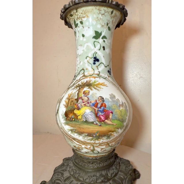 Huge 1800s Antique Ornate French Hand Painted Porcelain Bronze Kerosine Oil Lamp For Sale - Image 10 of 18