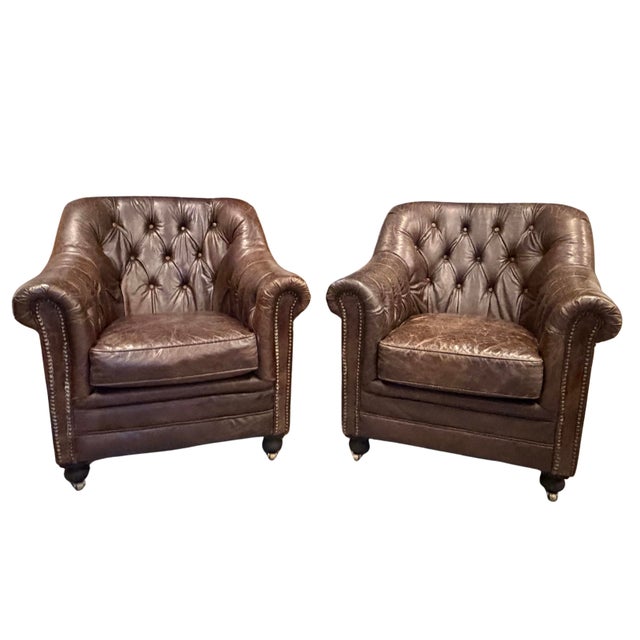 Restoration Hardware Distressed Leather Club Chairs, Pair – Tufted English Library Lounge Chairs With Rolled Arms & Brass...