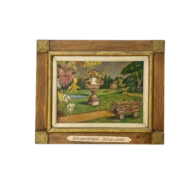 Charming antique oil on board depicting a romantic château garden scene, complete with classical urn, flowering landscape,...