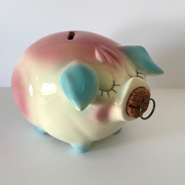 Vintage Hull Corky Piggy Bank w Pink and Blue Highlights In great used vintage condition. Being a vintage item, there may...