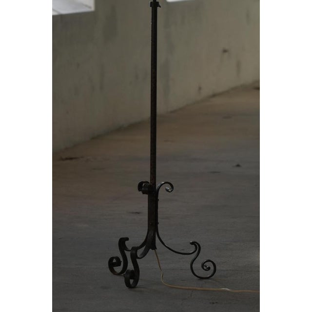 1930s Art Deco Danish Iron Floor Lamp with Tripod Base and Floral Lampshade, 1940s For Sale - Image 5 of 18