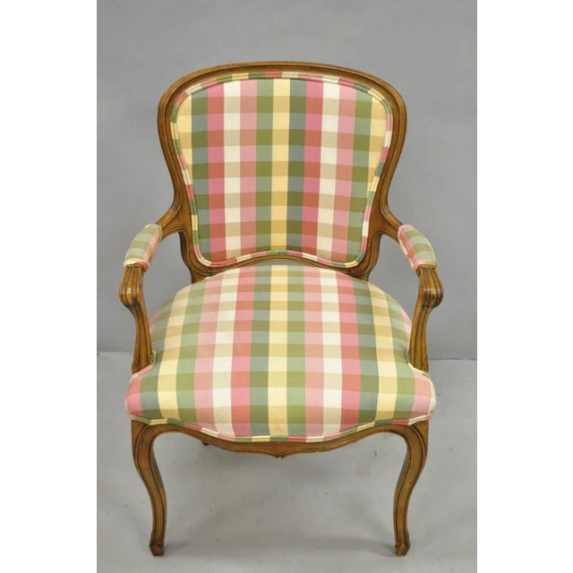 Vintage French Country Louis XV Style Plaid Arm Chair by Simon Loscertales Bona. Item features pink and green plaid...