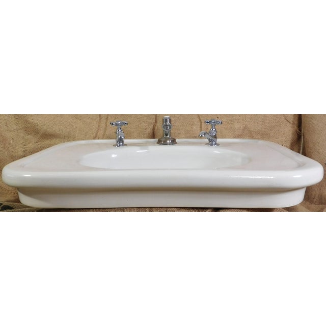 American Antique 1908 Thomas Maddock's Son's Co. Vitreous China Console / Top-Mount (Drop-In) Sink For Sale - Image 3 of 17