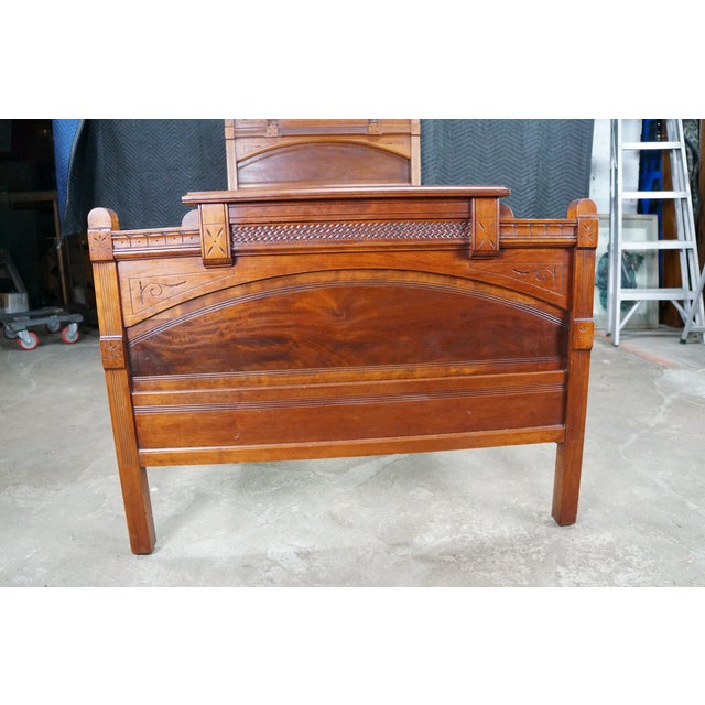 Antique Victorian Eastlake Walnut Burl Spoon Carved Highback Twin Size Bed For Sale - Image 6 of 18